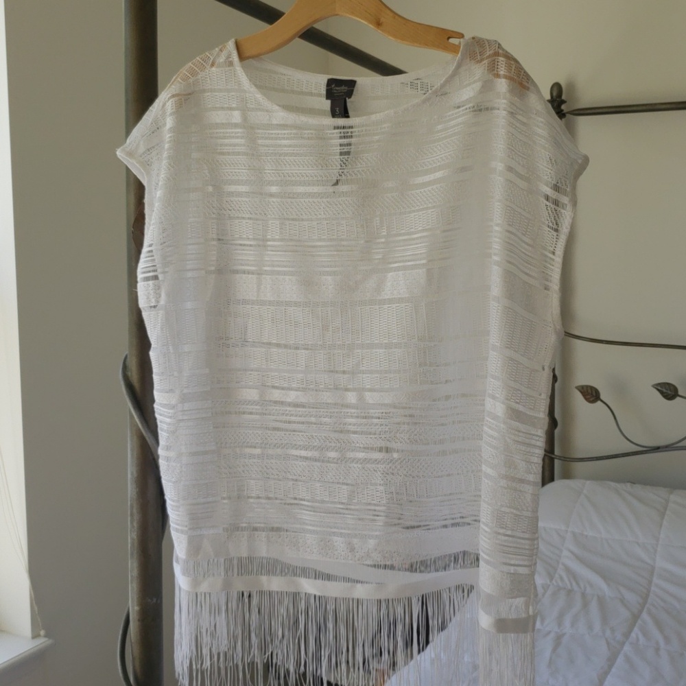 Sheer white cover-up top with fringe by Chico's.